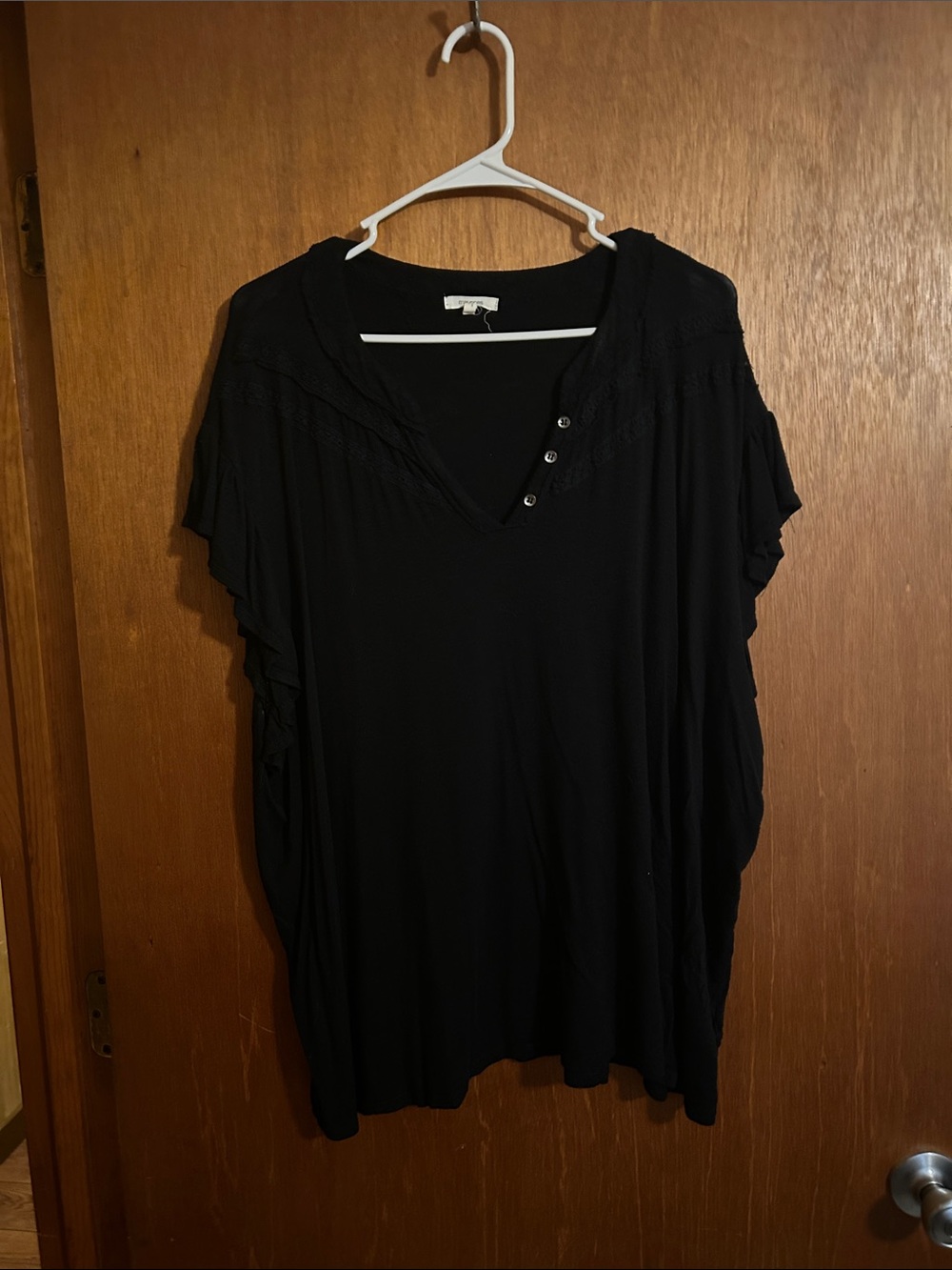 Maurices Black V-Neck Short Sleeve Top with Button Detail